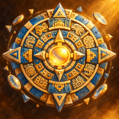 Ancient Pulse app icon: a carved golden calendar stone with a glowing sun at its center
